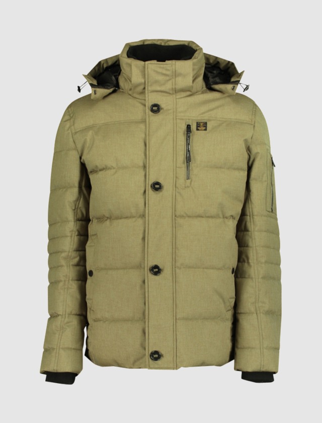 Eine olivgrüne, gepuffte Winterjacke mit Kapuze und Knöpfen. Eine olivgrüne, gepuffte Winterjacke mit Kapuze und Knöpfen.