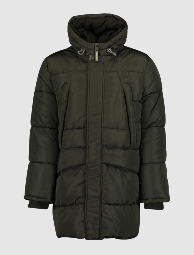 Eine grüne, gepolsterte Winterjacke mit Kapuze. Eine grüne, gepolsterte Winterjacke mit Kapuze.