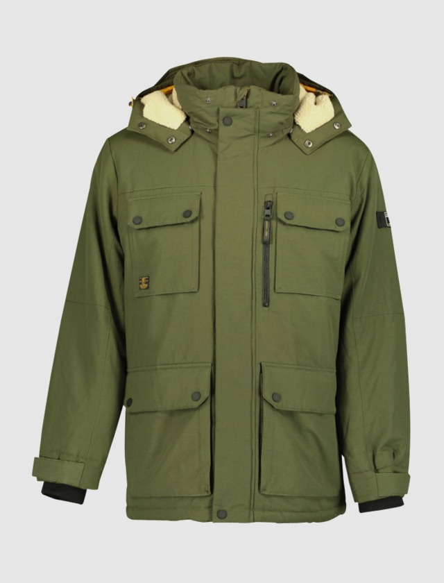 Eine grüne Jacke mit Kapuze und mehreren Taschen. Eine grüne Jacke mit Kapuze und mehreren Taschen.