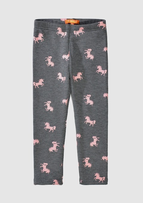 Graue Leggings mit pinken Einhorn-Motiven. Graue Leggings mit pinken Einhorn-Motiven.