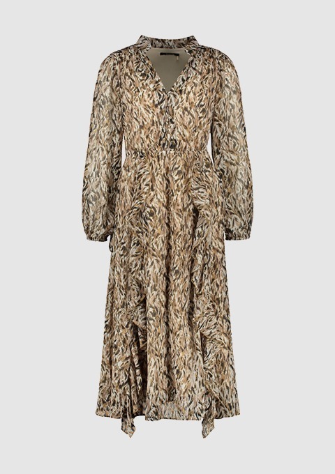 Ein langes, gemustertes Kleid mit V-Ausschnitt und langen Ärmeln. Ein langes, gemustertes Kleid mit V-Ausschnitt und langen Ärmeln.