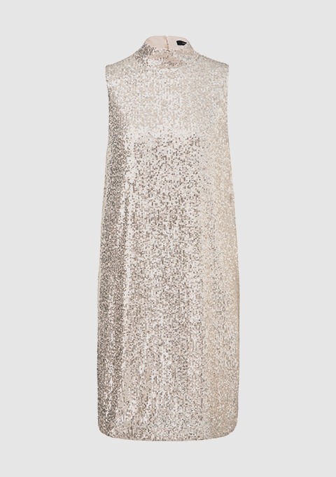 Ein glitzerndes, ärmelloses Kleid in Goldtönen. Ein glitzerndes, ärmelloses Kleid in Goldtönen.