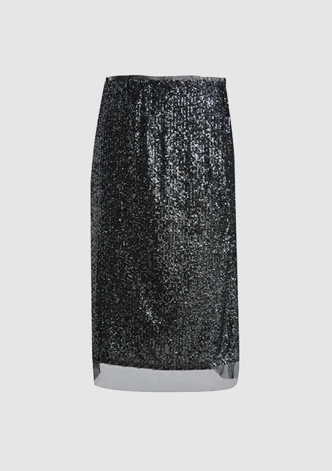 Ein schwarzer Rock mit glitzerndem Paillettenbesatz. Ein schwarzer Rock mit glitzerndem Paillettenbesatz.