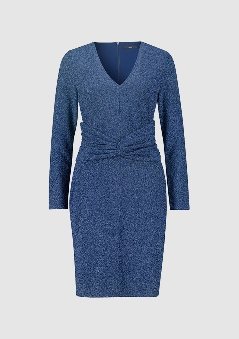 Ein blauer, glitzernder Kleid mit V-Ausschnitt und langen Ärmeln. Ein blauer, glitzernder Kleid mit V-Ausschnitt und langen Ärmeln.