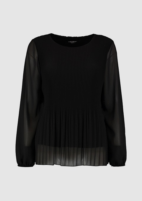 Schwarze Bluse mit langen, transparenten Ärmeln und plissiertem Design. Schwarze Bluse mit langen, transparenten Ärmeln und plissiertem Design.