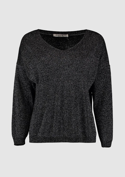 Ein schwarzer, glitzernder Pullover mit V-Ausschnitt und langen Ärmeln. Ein schwarzer, glitzernder Pullover mit V-Ausschnitt und langen Ärmeln.