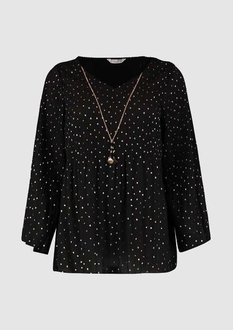 Schwarze Bluse mit langen Ärmeln und einem V-Ausschnitt, verziert mit goldenen Punkten und einer Kette. Schwarze Bluse mit langen Ärmeln und einem V-Ausschnitt, verziert mit goldenen Punkten und einer Kette.