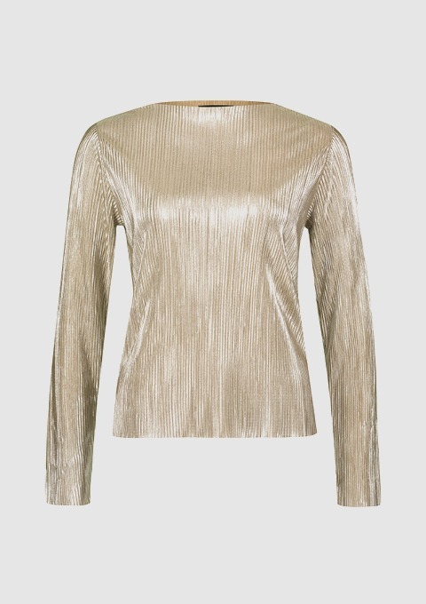 Ein glänzendes, langärmeliges Oberteil in Gold mit glänzenden Streifen. Ein glänzendes, langärmeliges Oberteil in Gold mit glänzenden Streifen.