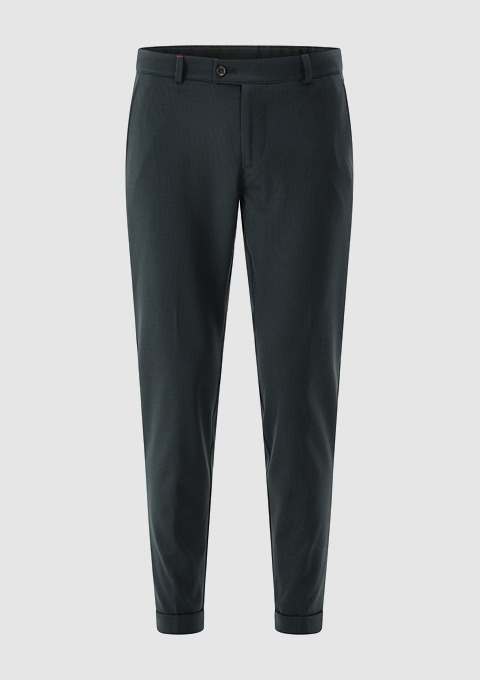 Dunkelgraue Hose mit Bündchen und einem Knopfverschluss. Dunkelgraue Hose mit Bündchen und einem Knopfverschluss.