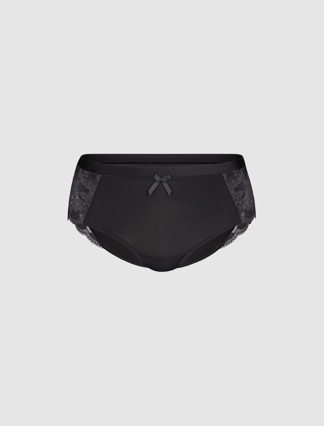Schwarze Damenunterhose mit Spitzenbesatz und Schleife.