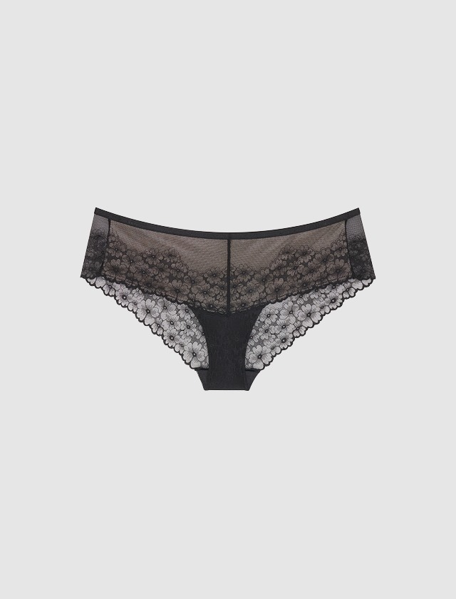 Schwarze Spitzenunterwäsche mit floralem Design.