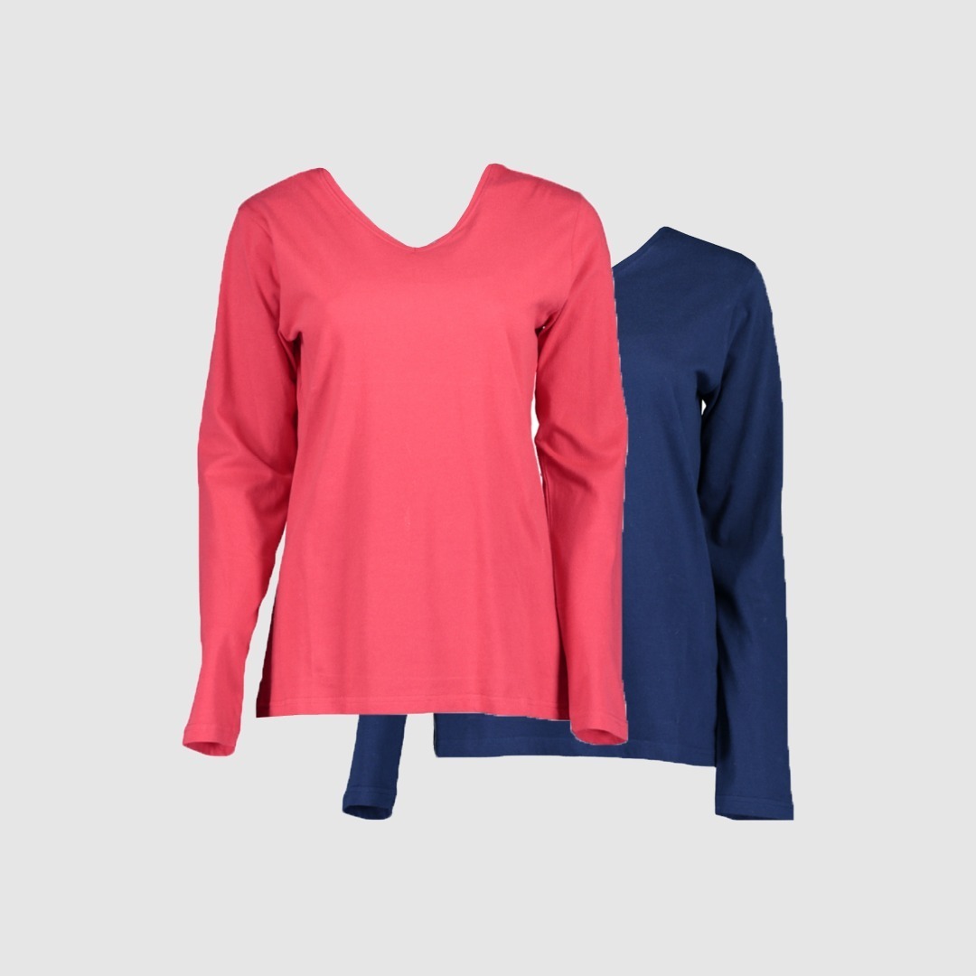 Zwei Langarmshirts, eines in Pink und eines in Blau.