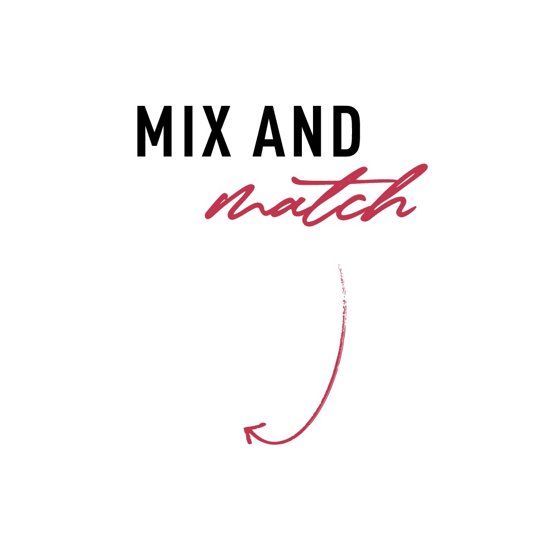 Text mit den Worten „MIX AND match“ und einem nach unten zeigenden Pfeil.