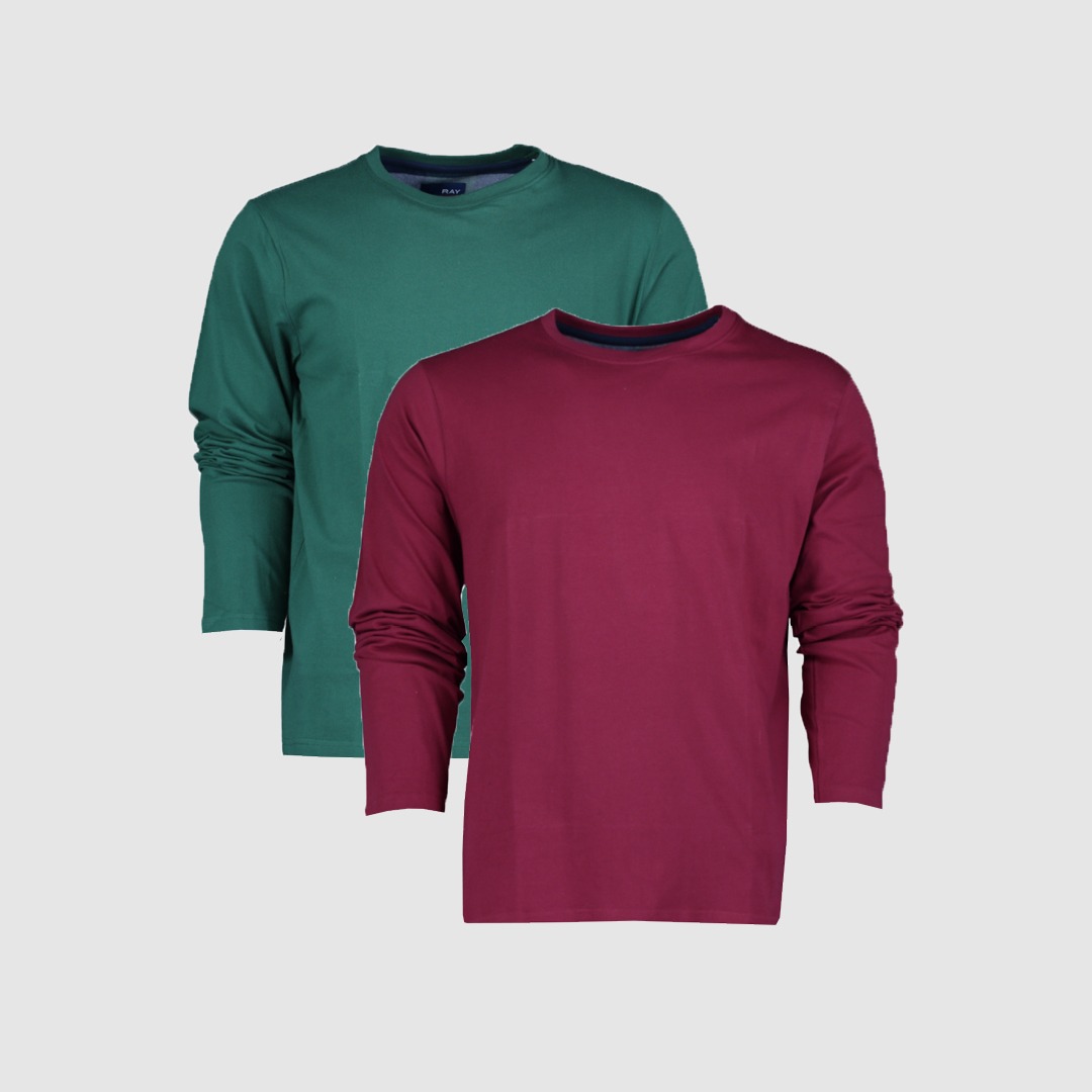 Zwei Langarmshirts in grün und burgunderrot.
