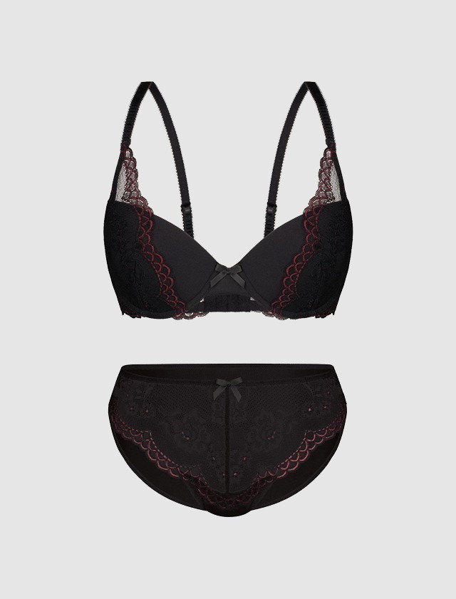 Schwarzes Unterwäsche-Set bestehend aus einem BH und einem Slip mit Spitzenverzierungen in Bordeaux.