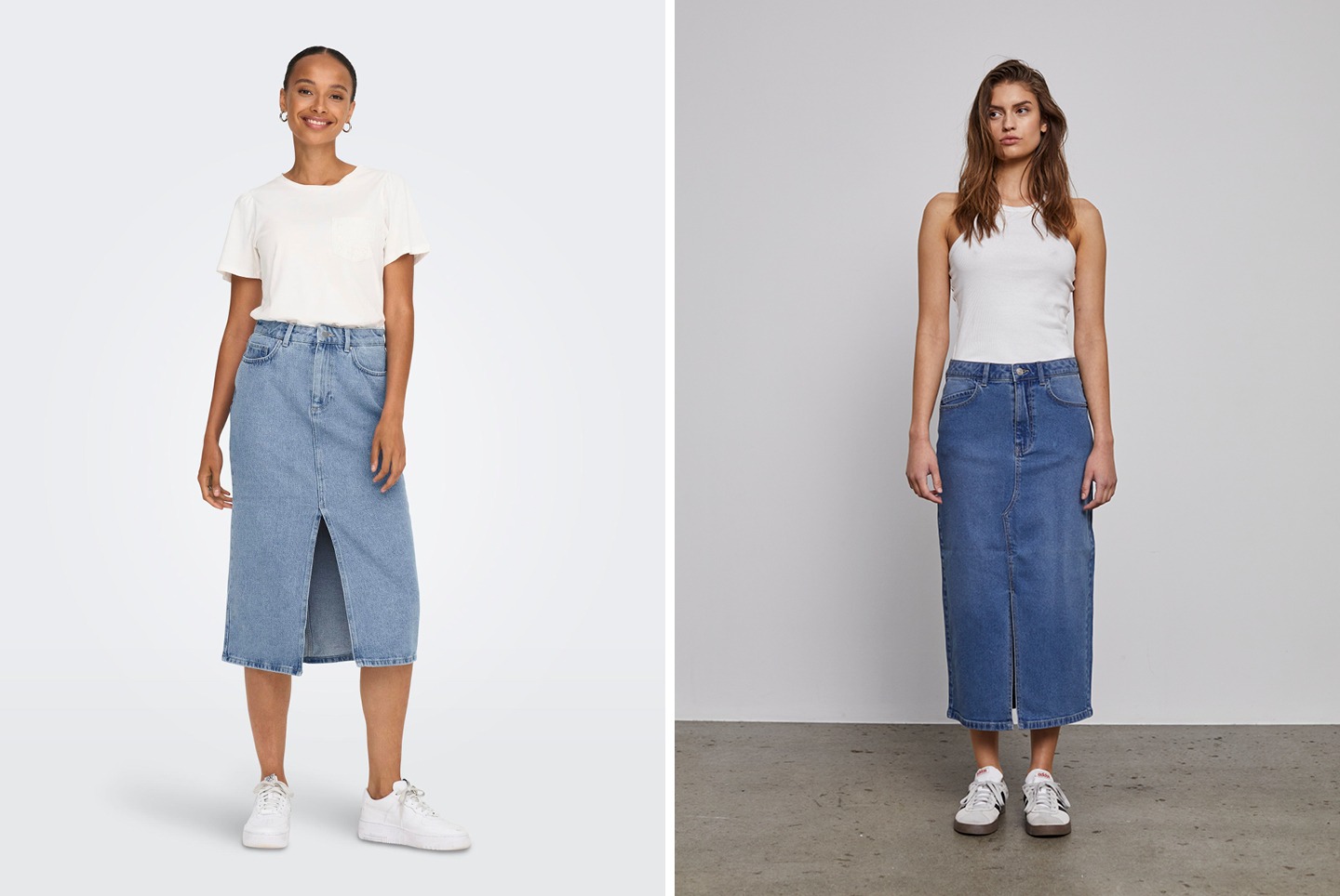Zwei Frauen tragen einen langen Jeansrock in verschiedenen Stilen und T-Shirts.
