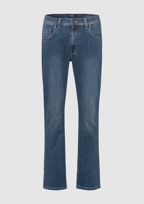Eine blaue Jeanshose.