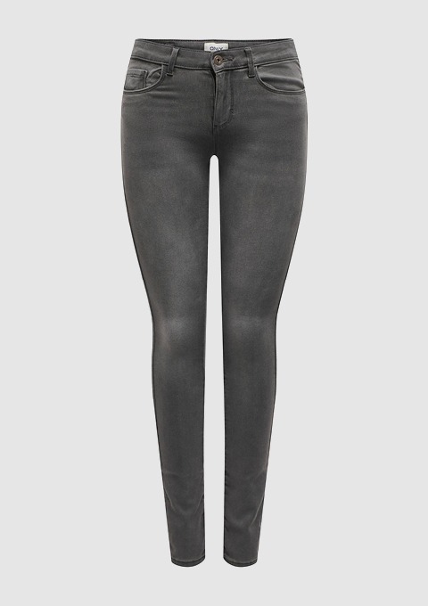 Eine graue Jeanshose im Slim-Fit-Stil.