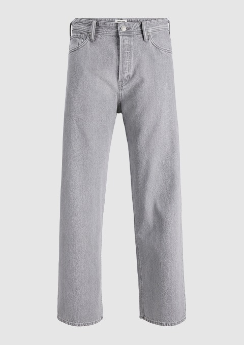 Graue, weit geschnittene Jeans.