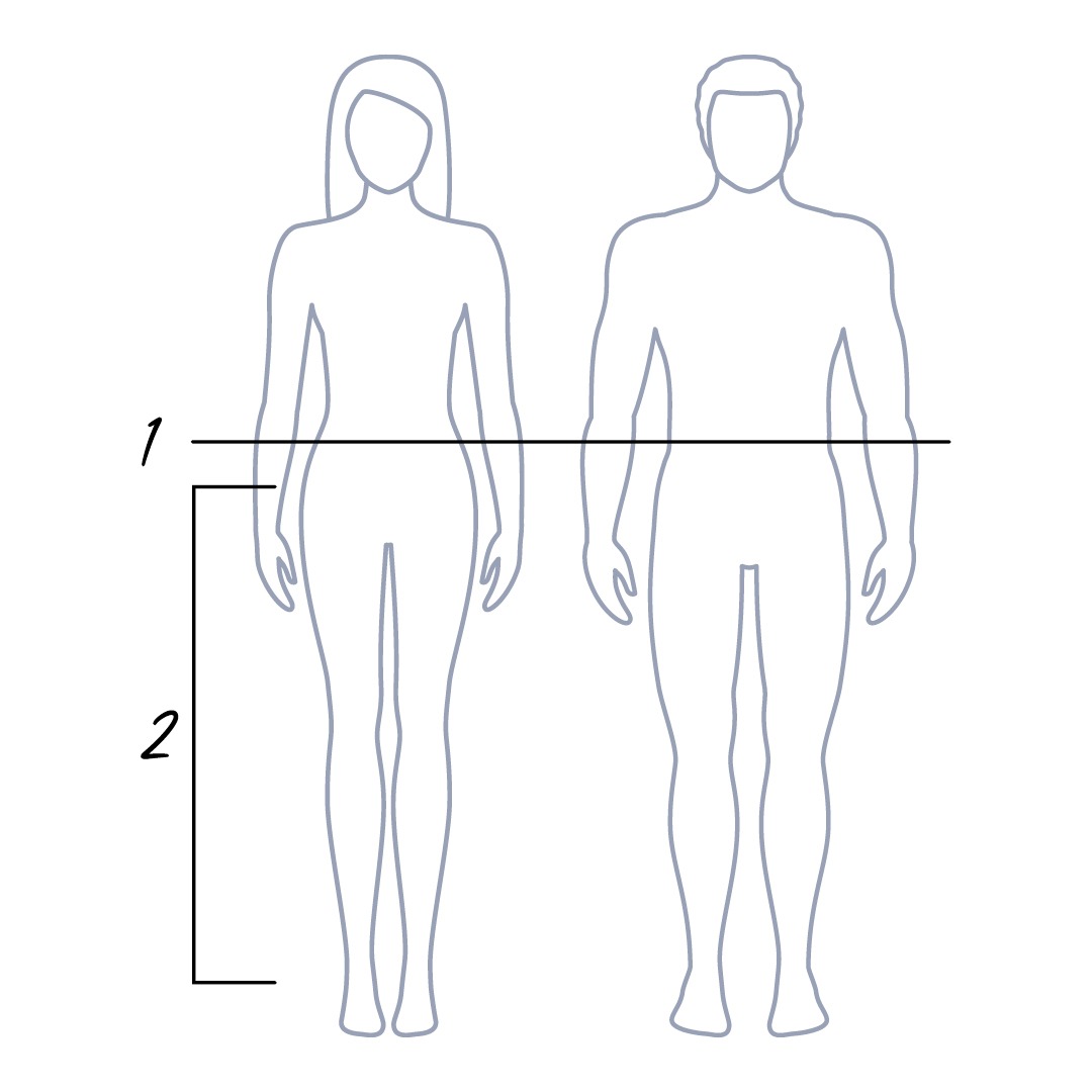 Zwei stilisierte menschliche Figuren, eine Frau und ein Mann, mit Maßlinien zur Körperhöhe. Zwei stilisierte menschliche Figuren, eine Frau und ein Mann, mit Maßlinien zur Körperhöhe.