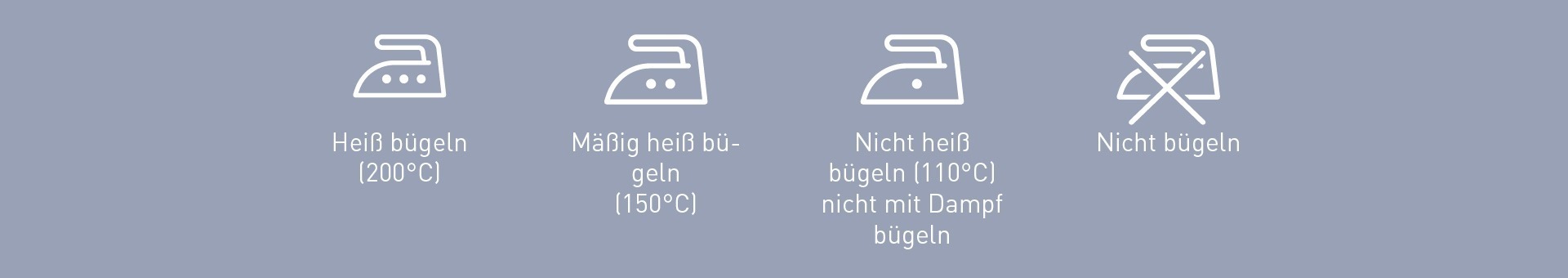 Bügelsymbole mit Temperaturen: Heiß bügeln (200°C), mäßig heiß bügeln (150°C), nicht heiß bügeln (110°C), nicht bügeln. Bügelsymbole mit Temperaturen: Heiß bügeln (200°C), mäßig heiß bügeln (150°C), nicht heiß bügeln (110°C), nicht bügeln.