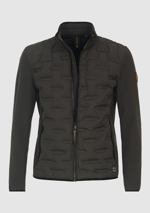 Eine dunkelgrüne, gepolsterte Jacke mit Stehkragen und durchgehendem Reißverschluss.