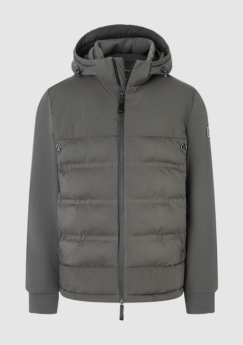 Eine graue, gepolsterte Jacke mit Kapuze und Reißverschluss.