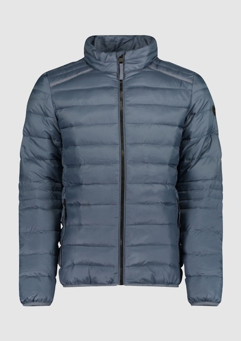 Dunkelblaue, gepolsterte Jacke mit Stehkragen und Reißverschluss.