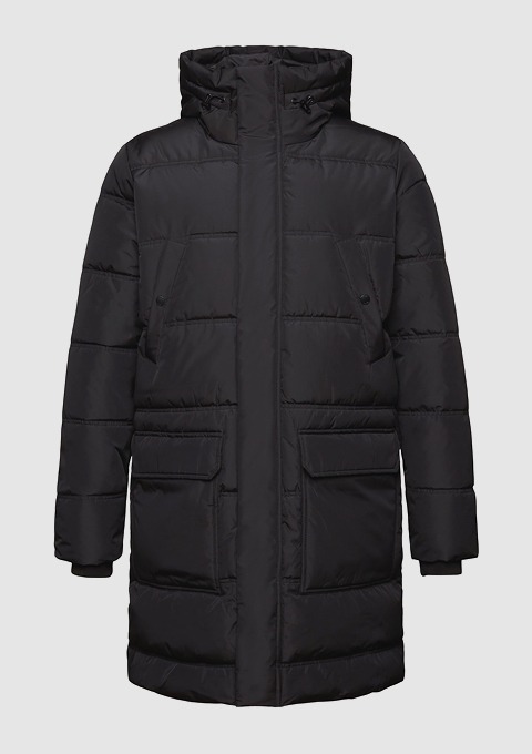 Schwarze, gepolsterte Winterjacke mit Kapuze und zwei Taschen.