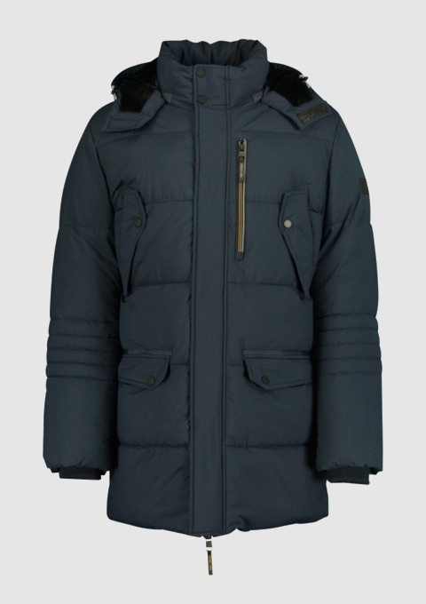 Dicke, dunkelblaue Winterjacke mit Kapuze und mehreren Taschen.