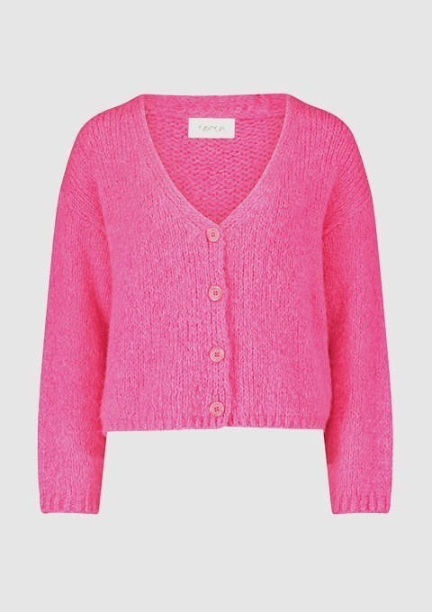 Ein pinker, kurzärmeliger Cardigan mit V-Ausschnitt und Knöpfen. Ein pinker, kurzärmeliger Cardigan mit V-Ausschnitt und Knöpfen.