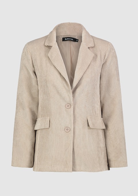Beige Jacke aus Cord mit zwei Taschen und Knöpfen. Beige Jacke aus Cord mit zwei Taschen und Knöpfen.
