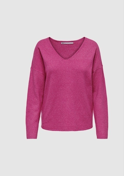 Ein pinkfarbener Pullover mit V-Ausschnitt und langen Ärmeln.