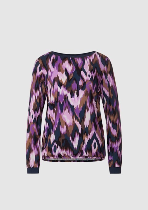 Langarmshirt mit buntem, geometrischem Muster in lila, braun und schwarz.