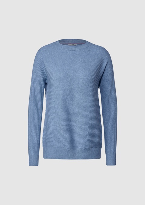 Blauer Pullover mit strukturiertem Muster und Rundhalsausschnitt.
