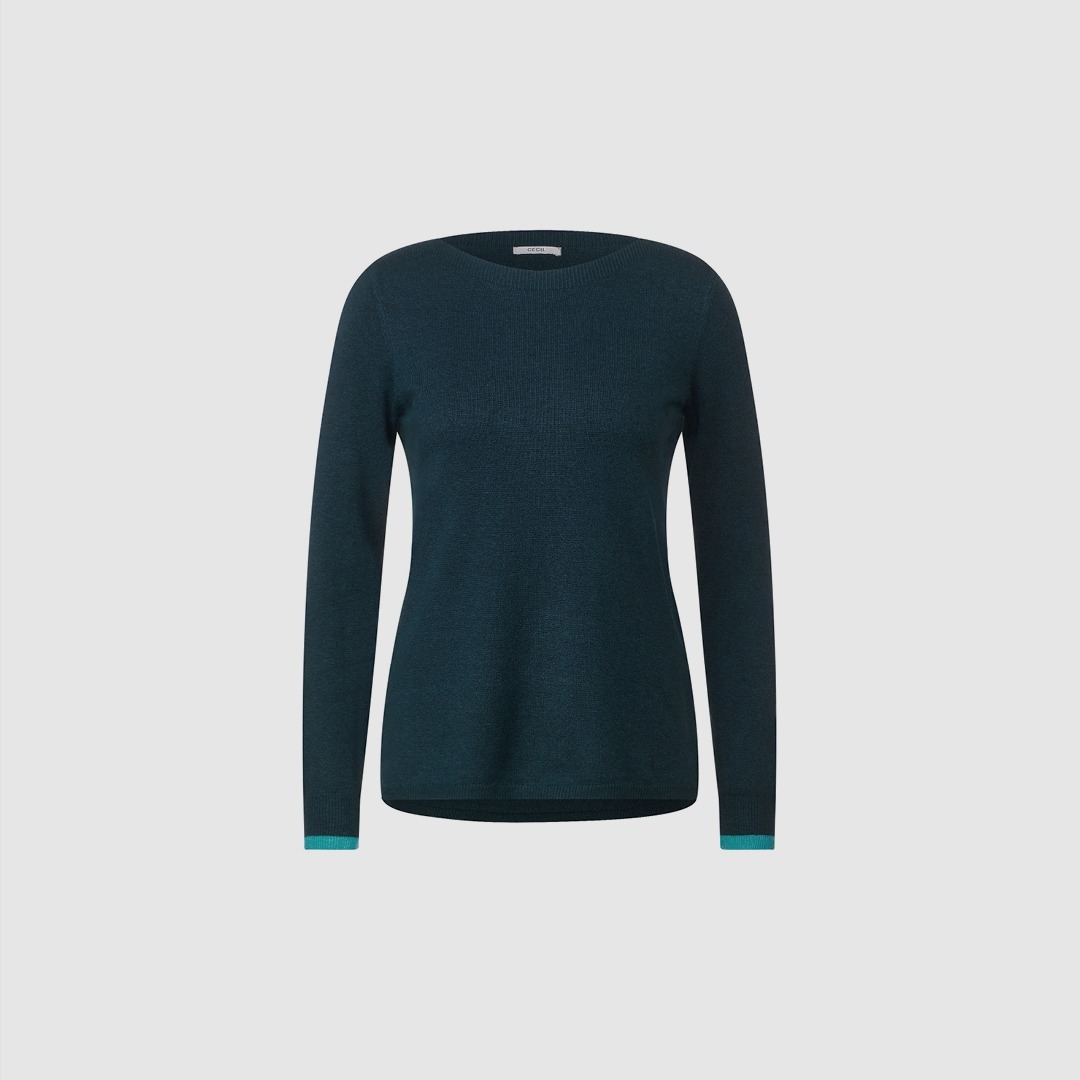 Ein dunkelblauer Pullover mit langen Ärmeln und Rundhalsausschnitt.