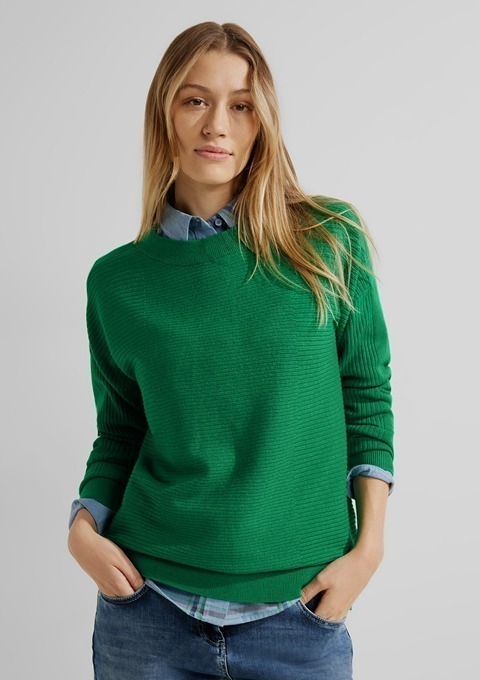Eine Frau trägt einen grünen Pullover über einem blauen Hemd und posiert vor einem grauen Hintergrund.