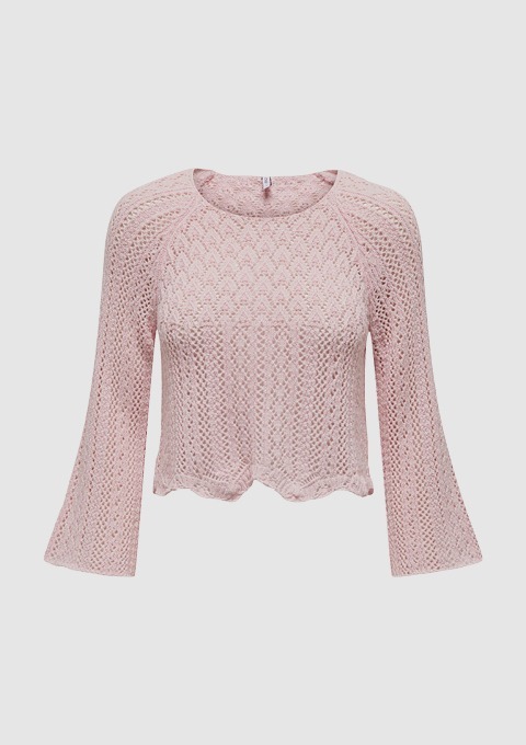Rosa gestrickter Pullover mit ausgestellten Ärmeln.