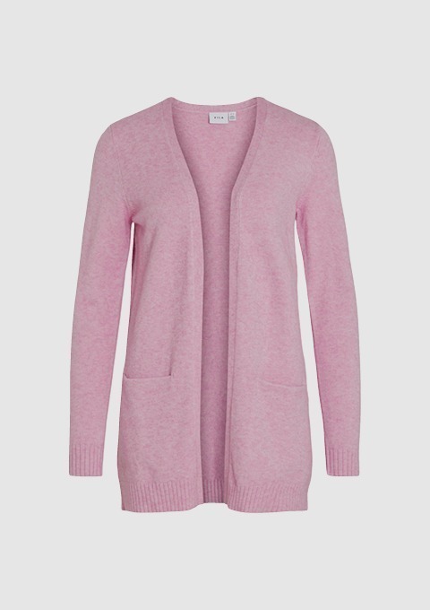 Ein pinker Cardigan mit offenen Fronten und Taschen.