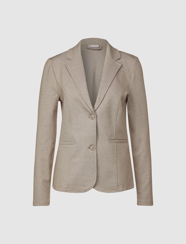 Ein beiger Blazer mit zwei Knöpfen und langen Ärmeln. Ein beiger Blazer mit zwei Knöpfen und langen Ärmeln.
