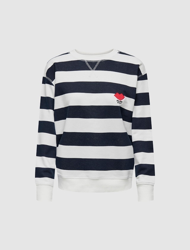 Ein gestreifter Pullover in weiß und navy mit einem roten Herz-Logo und „PARIS“ darauf. Ein gestreifter Pullover in weiß und navy mit einem roten Herz-Logo und „PARIS“ darauf.