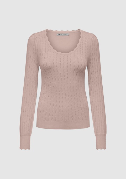 Rosa Strickpullover mit langen Ärmeln und einem wellenförmigen Ausschnitt.