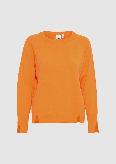 Ein oranger Pullover mit Rundhalsausschnitt und seitlichen Schlitzdetails.