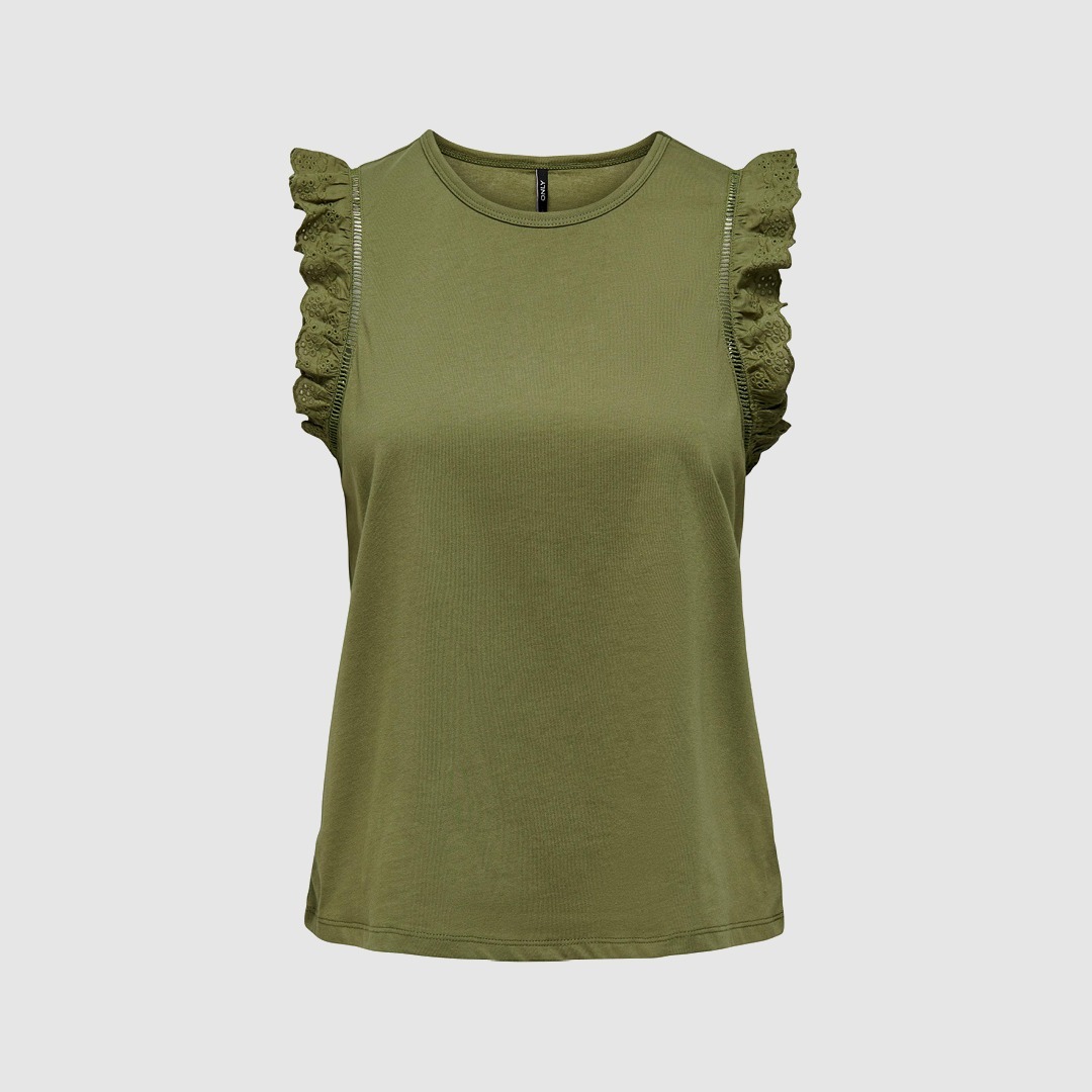 Ein khakifarbenes ärmelloses Top mit Rüschendetails an den Schultern. Ein khakifarbenes ärmelloses Top mit Rüschendetails an den Schultern.