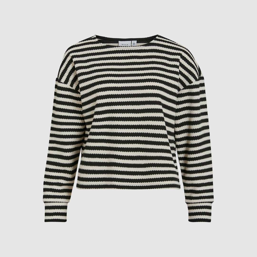 Ein gestreifter Pullover in Schwarz und Beige. Ein gestreifter Pullover in Schwarz und Beige.