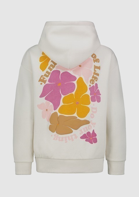 Ein hellbeiger Hoodie mit bunten Pflanzenmotiven und dem Text „Fun of Life. Do your thing.“ auf der Rückseite. Ein hellbeiger Hoodie mit bunten Pflanzenmotiven und dem Text "Fun of Life. Do your thing." auf der Rückseite.