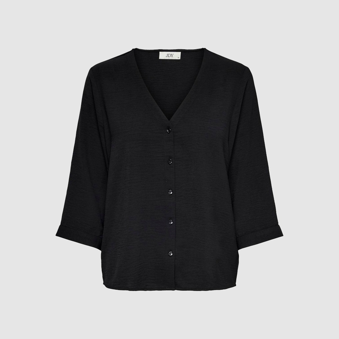 Schwarze Bluse mit V-Ausschnitt und Knöpfen. Schwarze Bluse mit V-Ausschnitt und Knöpfen.