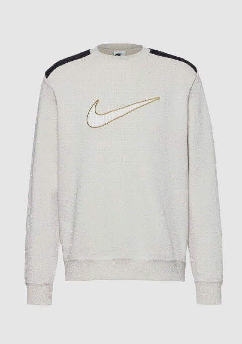 Ein weißer Sweatshirt mit schwarzem Schulterbereich und goldenem Nike-Logo. Ein weißer Sweatshirt mit schwarzem Schulterbereich und goldenem Nike-Logo.