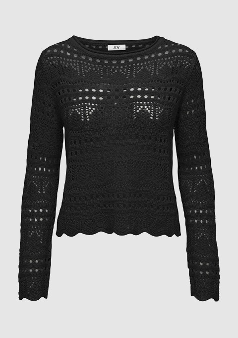 Ein schwarzer, gestrickter Pullover mit langen Ärmeln und einer wellenförmigen Unterkante. Ein schwarzer, gestrickter Pullover mit langen Ärmeln und einer wellenförmigen Unterkante.