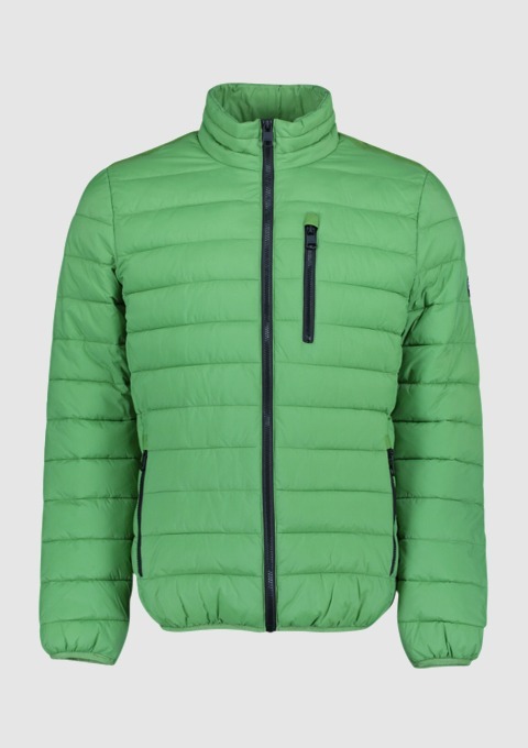 Eine grüne, gepolsterte Jacke mit Stehkragen und Reißverschluss. Eine grüne, gepolsterte Jacke mit Stehkragen und Reißverschluss.